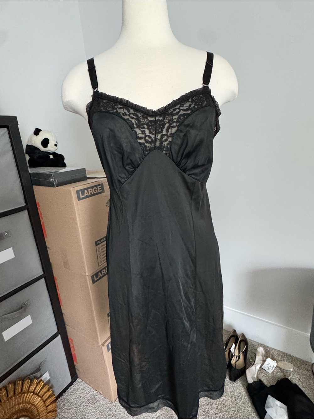 Vtg Russell Newman Texsheen NYLONChiffon Black Full Dress Full SLIP LINGERIE 34